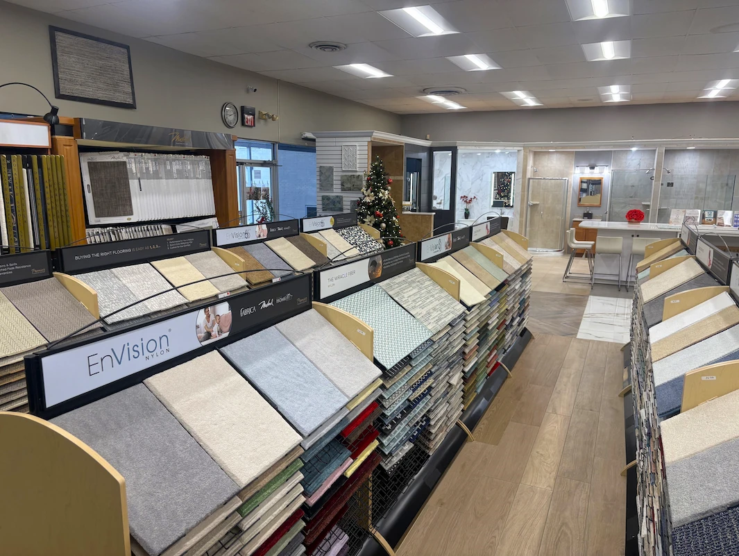 Inside of Aladdin Carpet and Floors Showroom in Rockville, MD Carpet Displays.