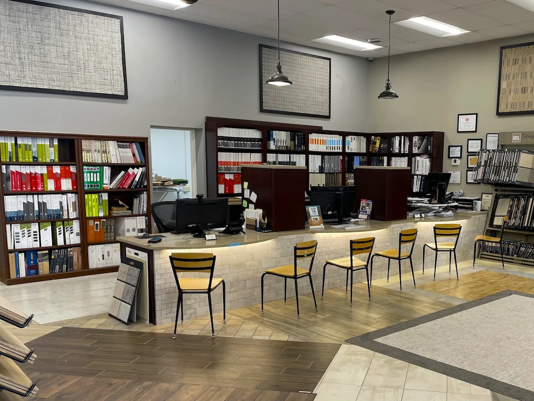 Inside of Aladdin Carpet and Floors Showroom in Rockville, MD Consulation and Sales Area.