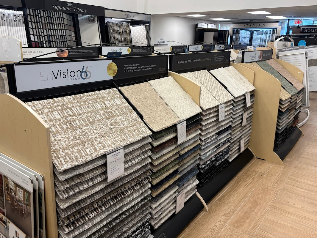 Inside of Aladdin Carpet and Floors Showroom in Gaithersburg, MD Carpet Displays.