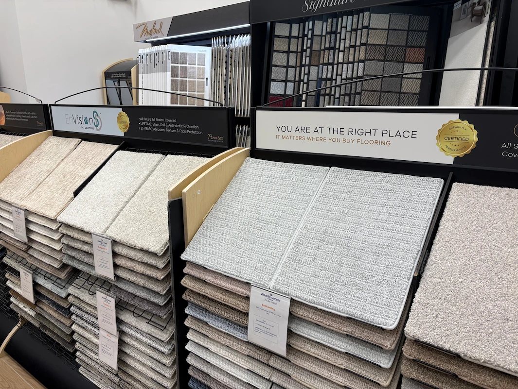 Inside of Aladdin Carpet and Floors Showroom in Gaithersburg, MD Carpet Selections.