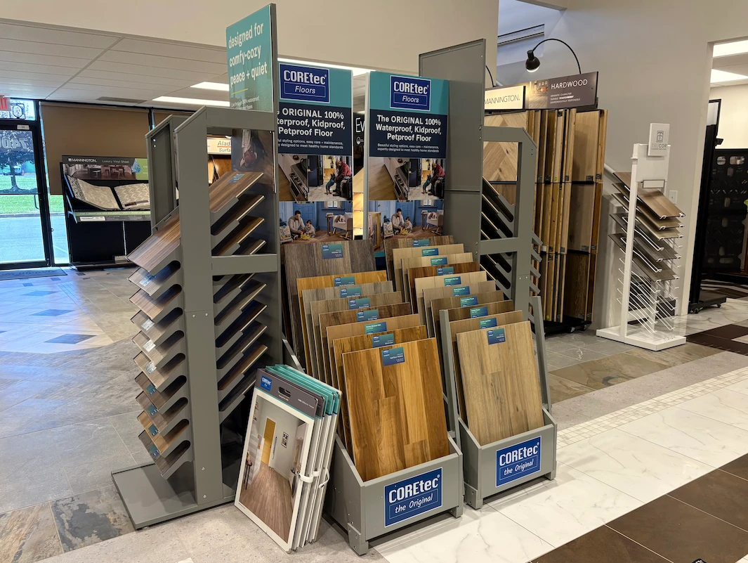 Inside of Aladdin Carpet and Floors Showroom in Gaithersburg, MD Carpet Displays.