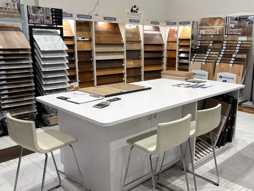 Inside of Aladdin Carpet and Floors Showroom in Gaithersburg, MD Hardwood Displays.